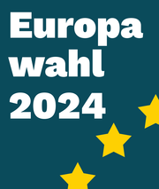 Schrift: Europawahl 2024, darunter drei gelbe Sterne die das Europalogo andeuten 
